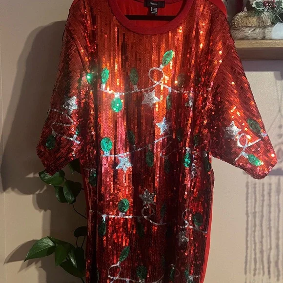 Red Sequin Holiday Shirt Dress with Lights Design 2x/3x - Picture 2 of 4